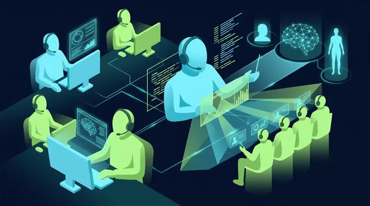 Outbound call center agents at workstations with headsets — call center agent coaching session in progress