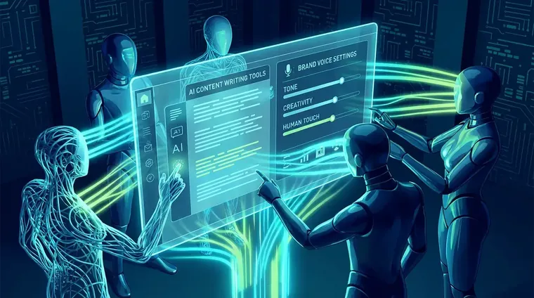Team of content writers collaborating around a screen showing AI content writing tools with brand voice settings.