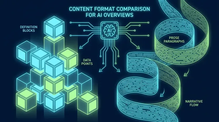 Content format comparison chart used in AI overviews optimization showing definition blocks vs. prose paragraphs.