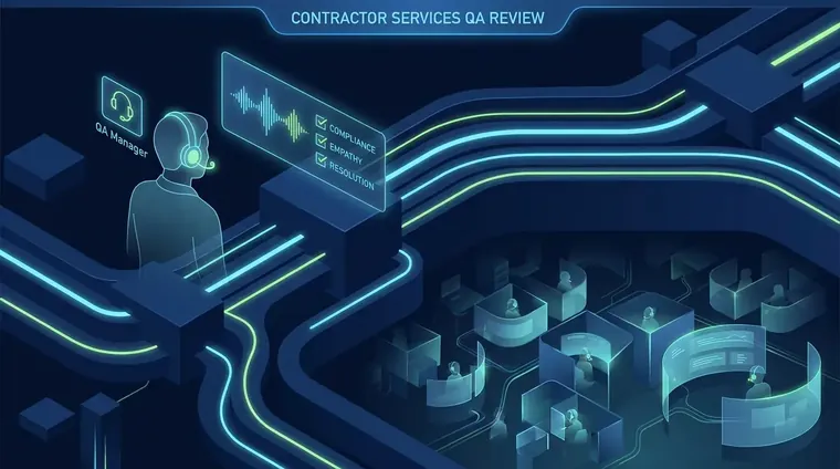 Call center QA manager reviewing a recorded call on a contractor answering service floor with checklist visible