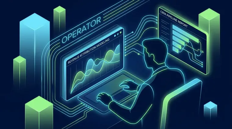 Operator reviewing revenue attribution modeling window calibration chart on a laptop beside a CRM pipeline report.