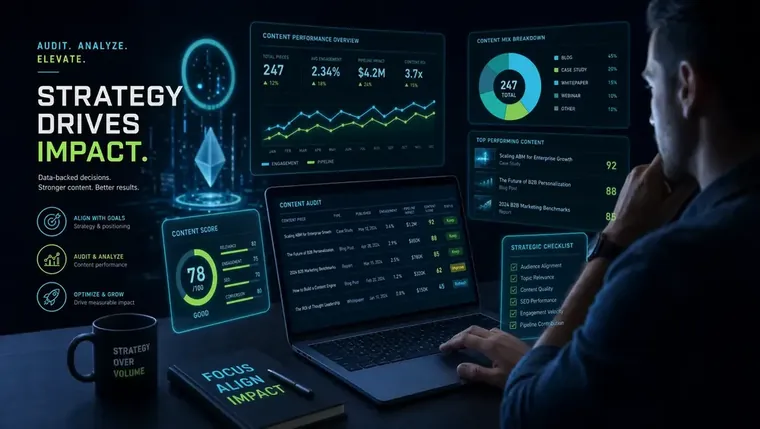 Marketing strategist auditing b2b content marketing agency output on a laptop with analytics open.