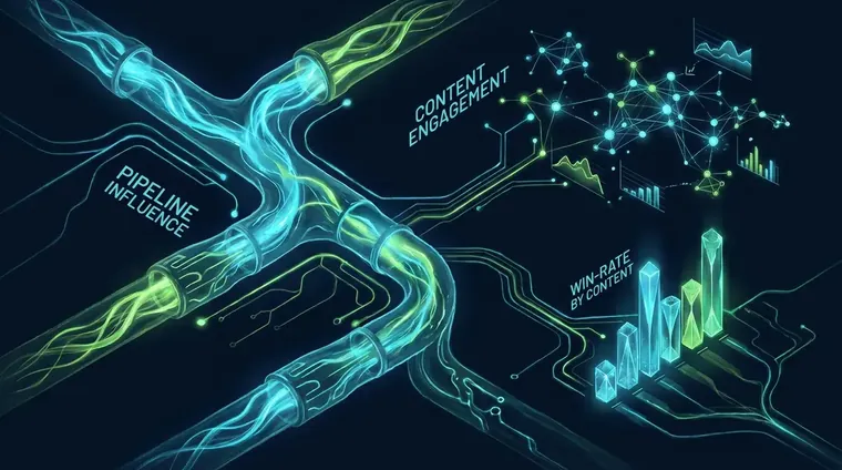 B2b thought leadership analytics dashboard showing pipeline influence metrics, content engagement, and win-rate by content