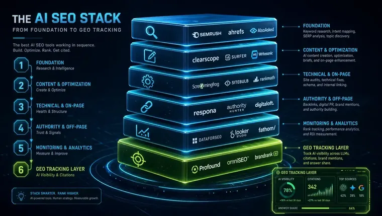 SEO tool stack diagram showing sequencing of best ai seo tools from foundation to GEO tracking layer