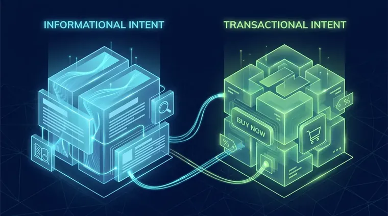 Side-by-side view of two blog post structure template drafts showing informational vs transactional intent layouts on a
