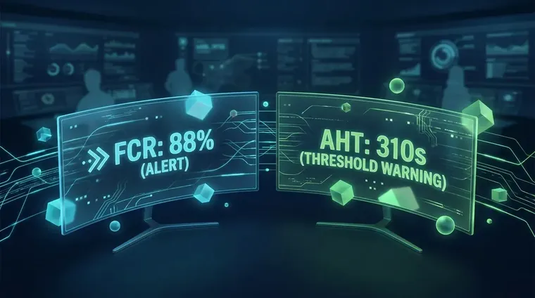 Call center KPI dashboard displayed on a large monitor showing live agent performance metrics and threshold alerts in an