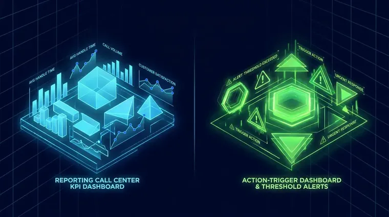 Side-by-side comparison of a reporting call center KPI dashboard versus an action-trigger dashboard with threshold alerts.