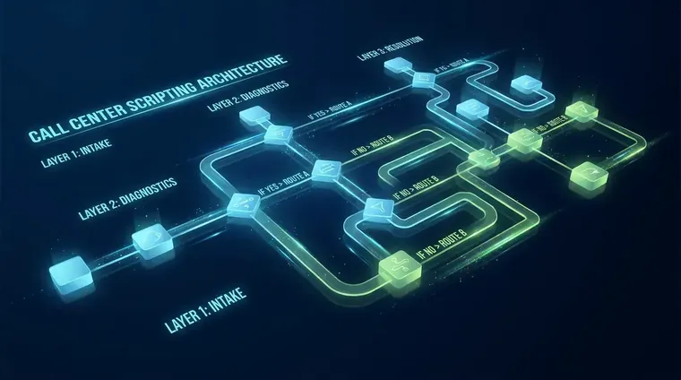 Whiteboard diagram mapping a three-layer call center scripting architecture with decision branches