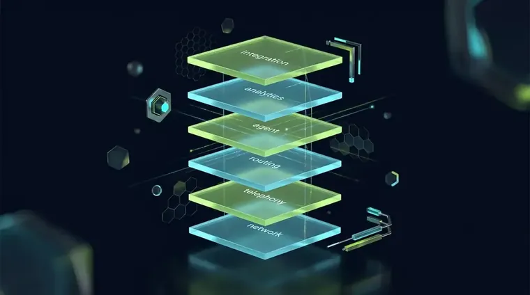 Diagram of a modern inbound call center services technology stack with ACD routing and CRM integration layers
