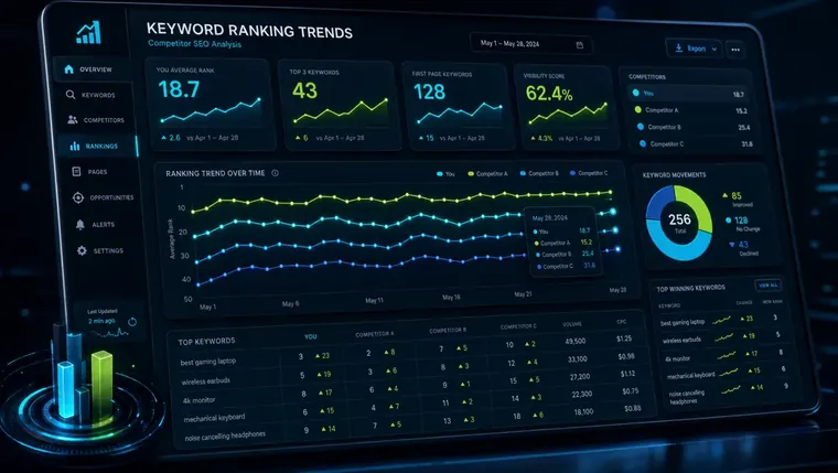 Close-up of a dashboard showing keyword ranking trends used in competitor SEO analysis