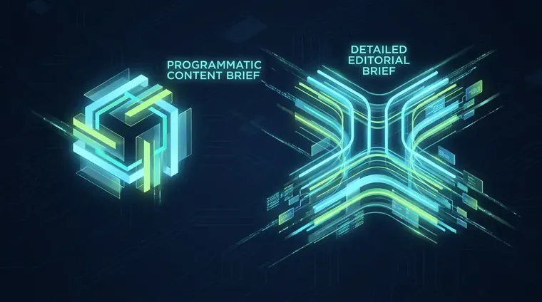 Side-by-side comparison of a short programmatic content brief template and a detailed editorial brief document