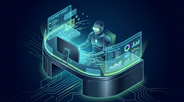 Content strategist building a content brief template on a laptop with SEO keyword data and a programmatic page outline
