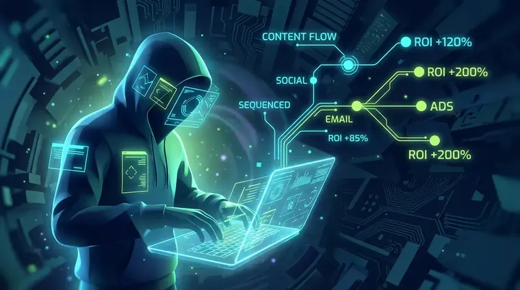 Marketing strategist building a sequenced content distribution channels plan on a laptop with channel ROI data visible
