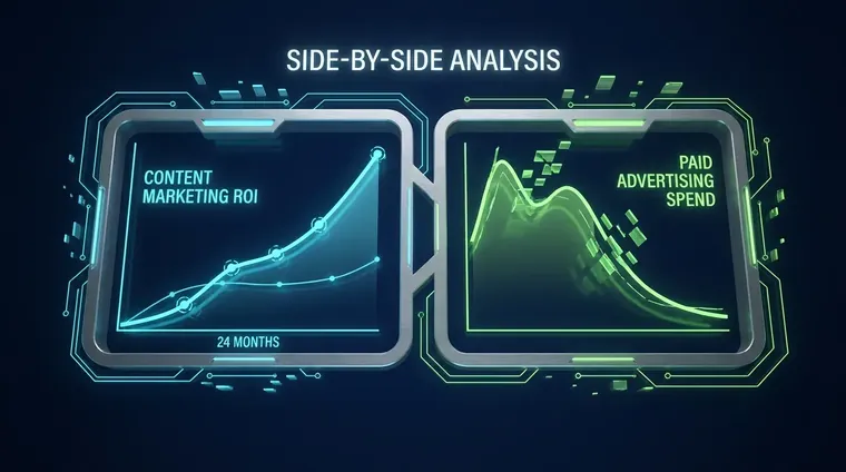 Side-by-side whiteboard comparison of content marketing ROI versus paid advertising spend curves over 24 months.