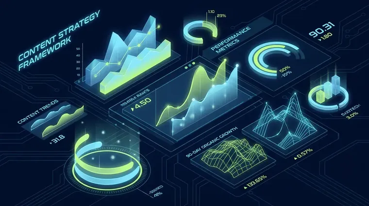 Analytics dashboard showing content strategy framework performance metrics tracked over 90 days of organic growth.