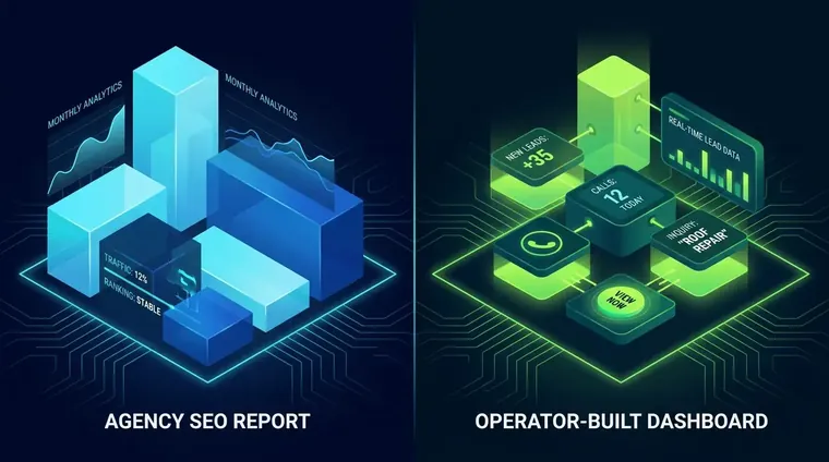 Split-screen comparison of contractor SEO agency report versus operator-built contractor SEO dashboard with real lead data