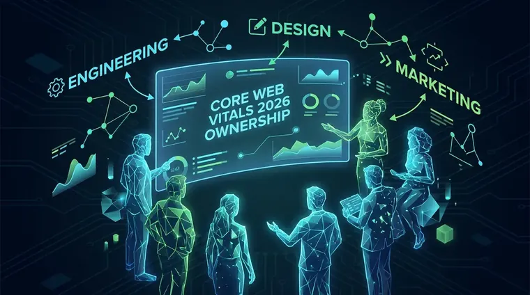 Cross-functional team whiteboarding core web vitals 2026 ownership across engineering design and marketing departments.