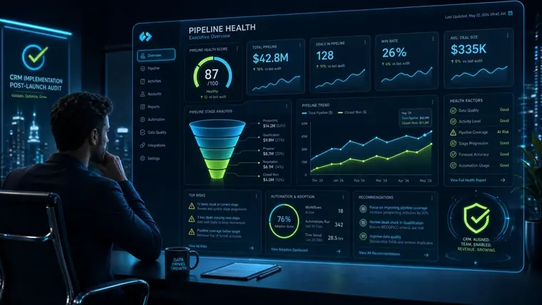 Sales manager reviewing CRM pipeline health dashboard — crm implementation services post-launch audit