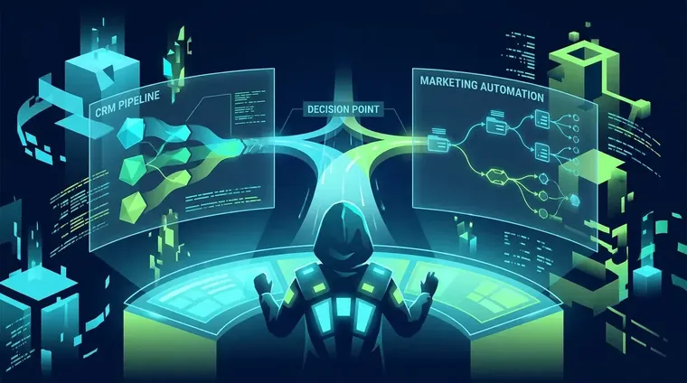 Split-screen dashboard showing CRM pipeline next to marketing automation workflow, illustrating the crm vs marketing