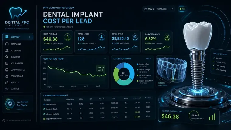 PPC campaign dashboard showing dental implant cost-per-lead metrics managed by a dental ppc agency