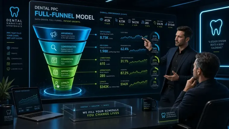 Dental marketing strategist presenting full-funnel PPC report to practice owner — dental ppc agency full-funnel model