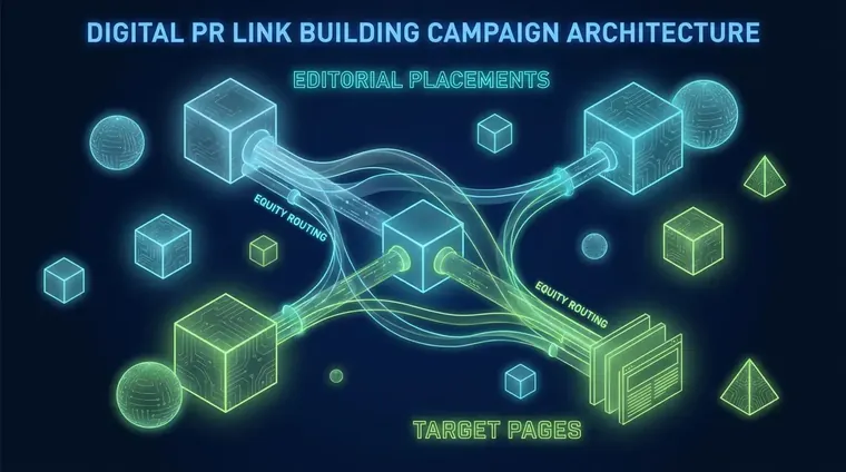 SEO strategist mapping digital PR link building campaign architecture on a whiteboard with domain authority charts visible