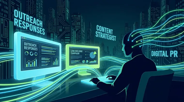 Content strategist reviewing journalist outreach responses for a digital PR link building campaign on dual monitors