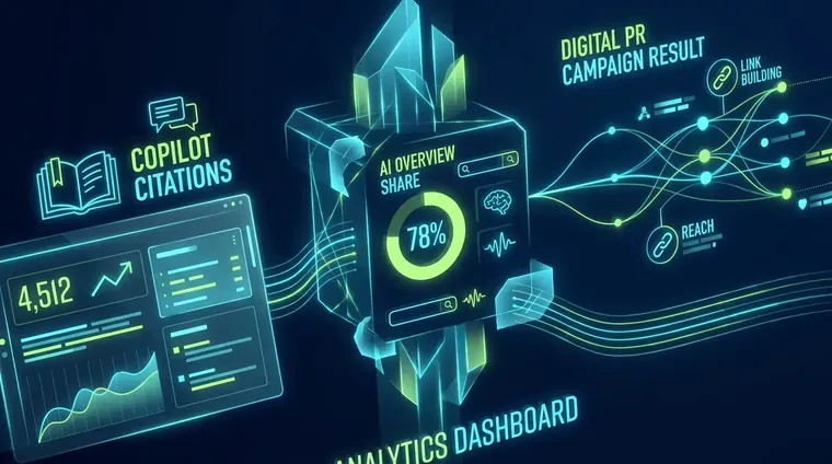Analytics dashboard showing Copilot citations and AI Overview share for a digital PR link building campaign result