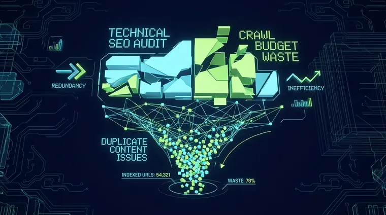 Technical SEO audit screen showing crawl budget waste from duplicate content SEO issues across thousands of indexed URLs.