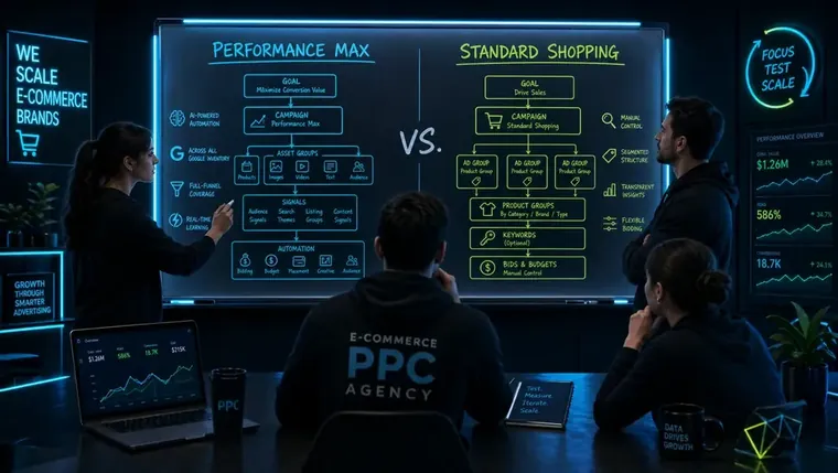 Ecommerce PPC agency team reviewing Performance Max vs Standard Shopping campaign structure on a whiteboard.