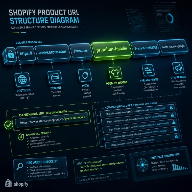 Close-up of a Shopify product URL structure diagram used in an ecommerce SEO audit to identify canonical duplication issues.