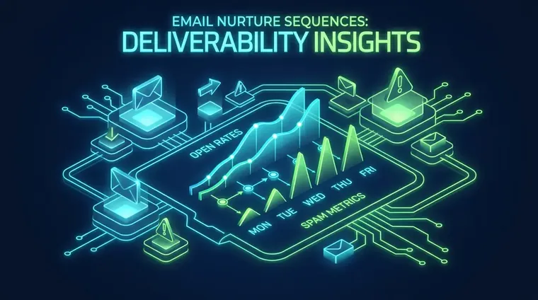 Email nurture sequences deliverability dashboard showing open rates and spam complaint metrics by send day