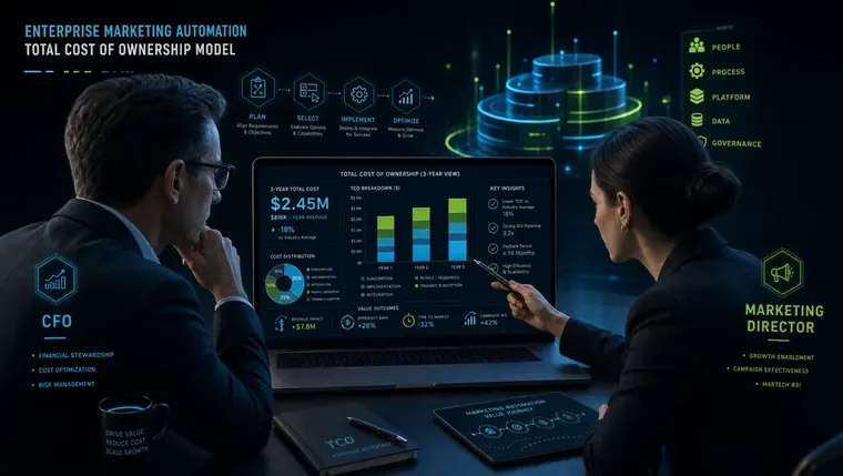 CFO and marketing director reviewing enterprise marketing automation total cost of ownership model on a laptop.