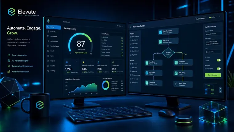 A marketing ops team reviewing enterprise marketing automation dashboards on large monitors in a modern operations center.