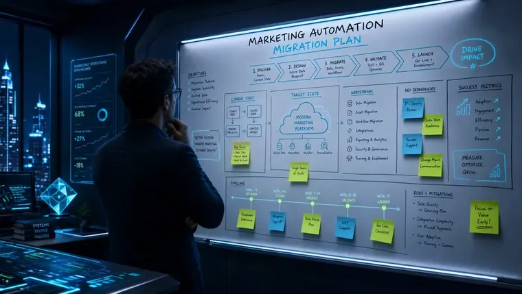Marketing operations director reviewing enterprise marketing automation migration plan on a whiteboard with sticky notes.