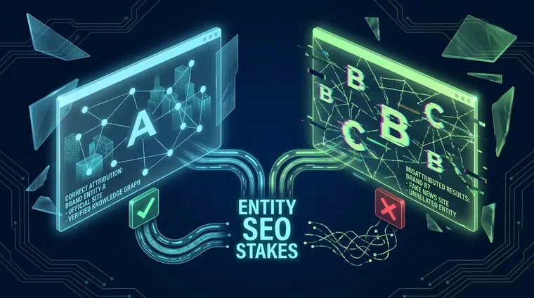 Side-by-side screens comparing correct and misattributed brand entity results, illustrating the stakes of an entity seo
