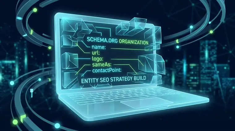 Structured data markup on a laptop screen showing Schema.org Organization fields used in an entity seo strategy build.