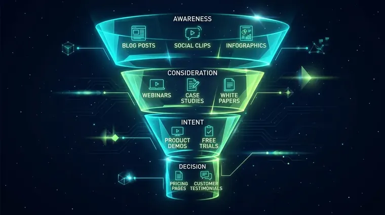 Funnel diagram illustrating evergreen content strategy stages from awareness to decision, with asset types mapped at each
