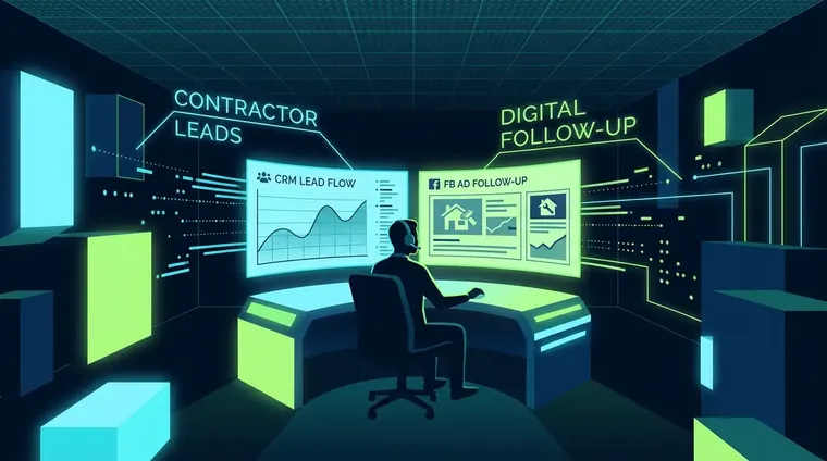 Call center agent following up on facebook ads for contractors leads using CRM software on dual monitors in a modern office.