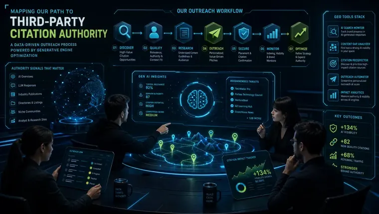 Marketing team mapping out a third-party citation outreach process using generative engine optimization tools on a