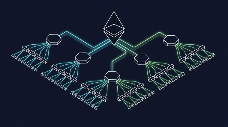 Hierarchical isometric blueprint of a Google Ads account architecture with campaigns, ad groups, and keyword leaves