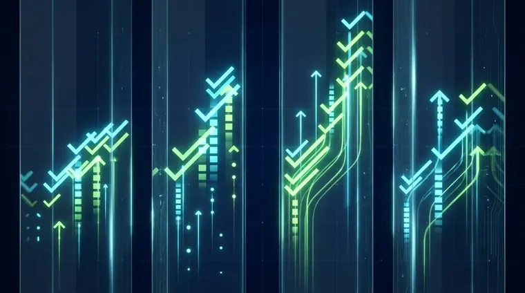 Abstract comparison grid showing four vertical columns representing different agency types with glowing check marks