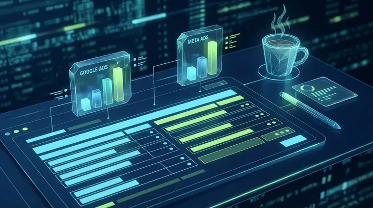 Close-up of a Google Ads vs Meta Ads budget allocation spreadsheet on a desk with a coffee cup