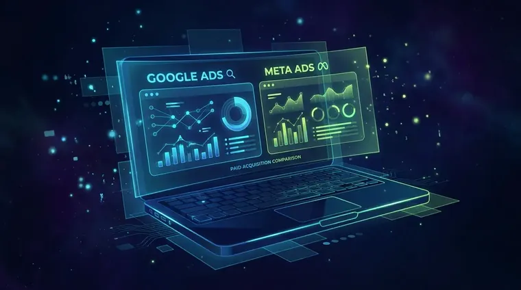 Side-by-side Google Ads and Meta Ads dashboards on a laptop screen. Google ads vs meta ads channel comparison for paid