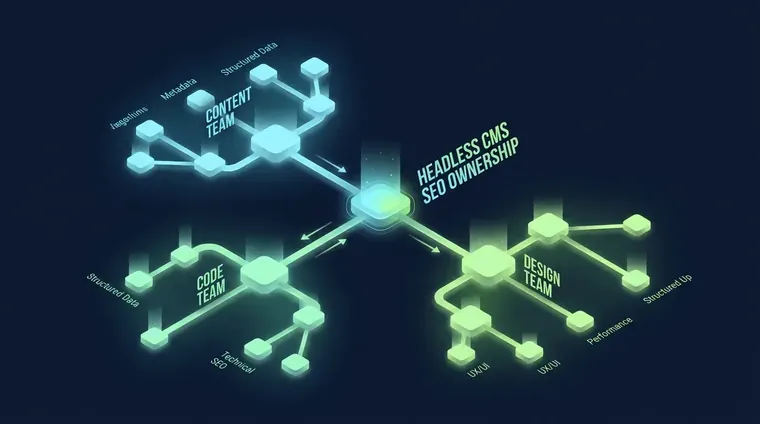 Org chart diagram showing headless CMS SEO ownership split across content, code, and design teams