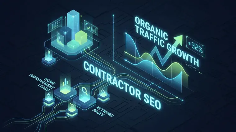 Contractor SEO dashboard showing organic traffic growth from home improvement leads keyword pages