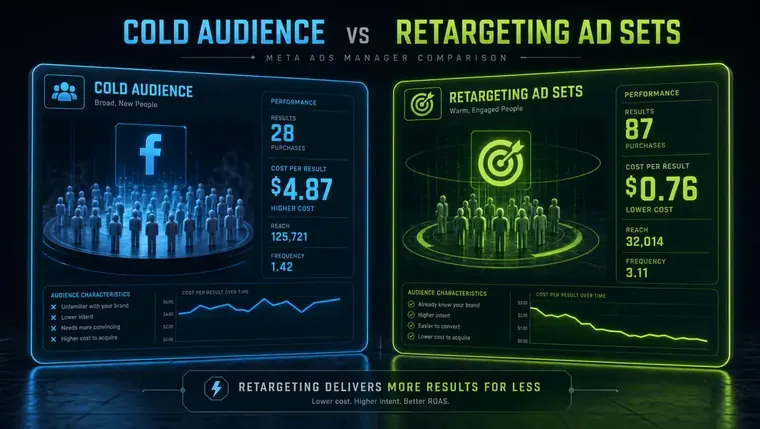 Side-by-side of cold audience vs retargeting ad sets in Meta Ads Manager, illustrating Facebook ads cost differences.