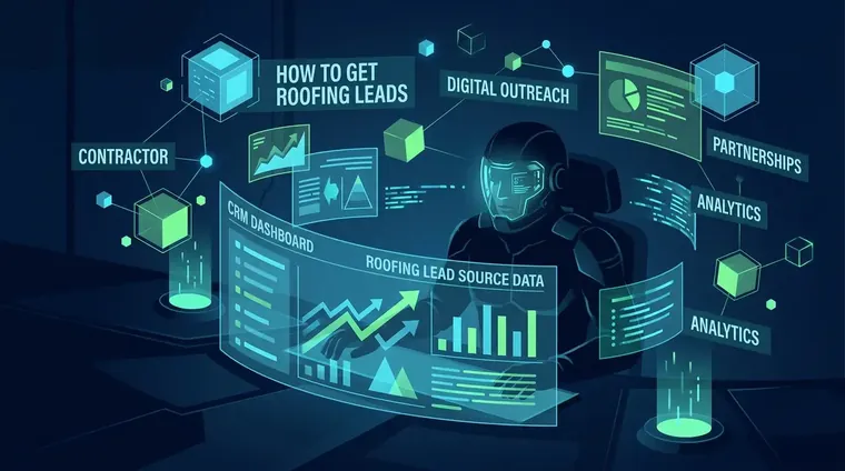 Contractor reviewing CRM dashboard with roofing lead source data, how to get roofing leads
