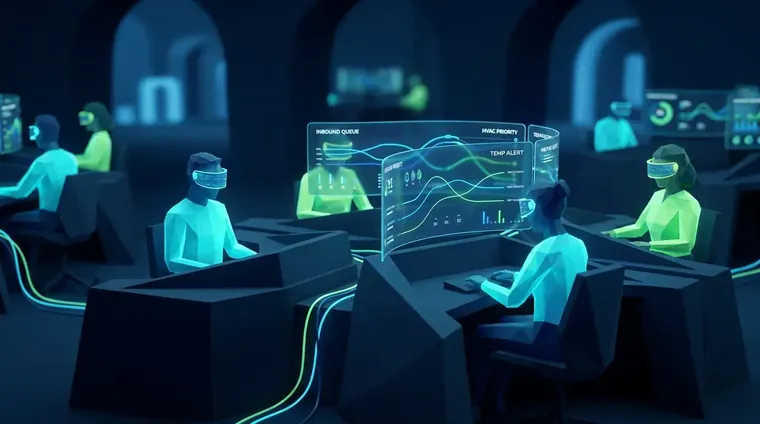 Call center agents at workstations managing an hvac answering service inbound queue on a shared CRM dashboard