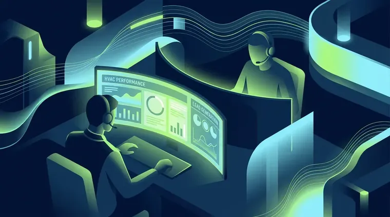 Operator-run contractor marketing team reviewing hvac marketing dashboards on dual monitors in a call center